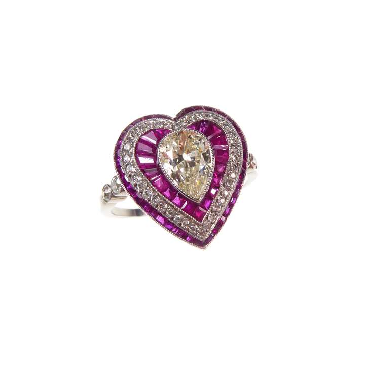 Heart shaped diamond and ruby target cluster ring